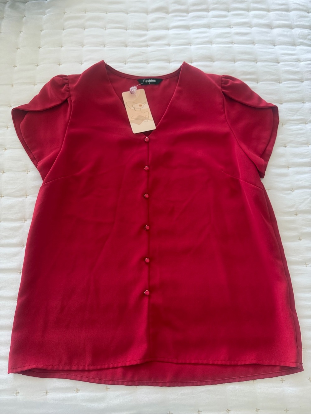 Amazon Red V-Neck Button Front Puff Sleeve Blouse